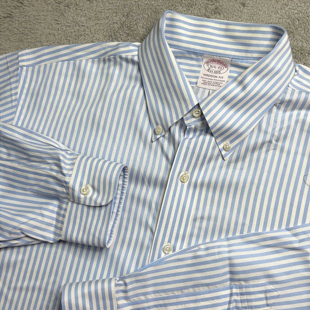 Brooks Brothers Madison Fit Non-Iron Supima Cotton Striped Shirt 16.5 33 Blue